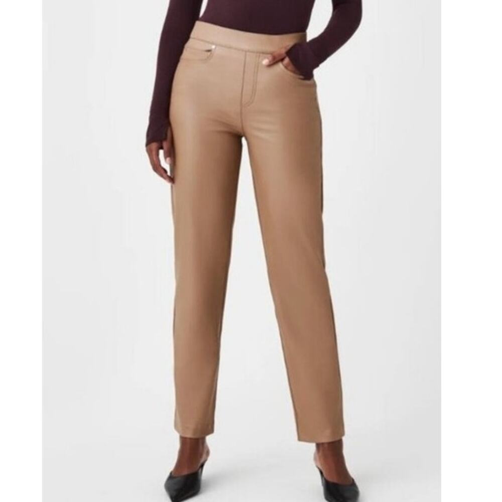 Spanx Tan Faux Leather Stretch Pants L Straight Leg Minimalist Neutral Earthy
